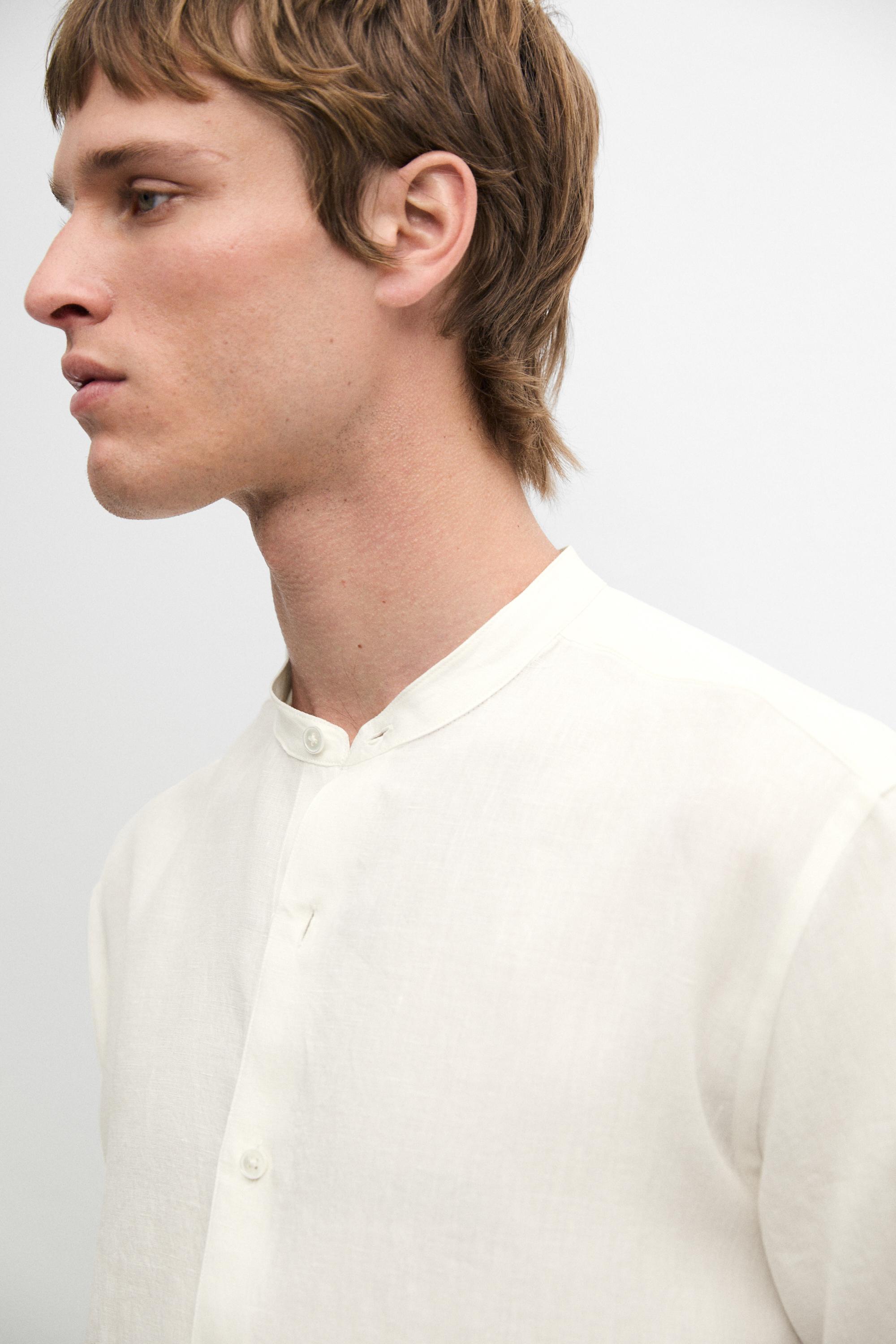 100% linen regular fit shirt with stand collar